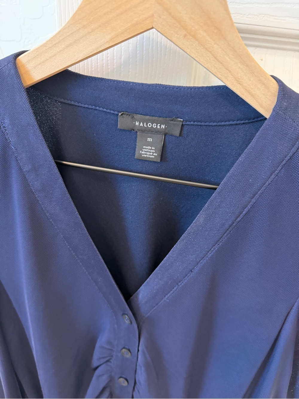 Halogen Navy Ruched Button Front V-Neck Blouse - Picture 2 of 6